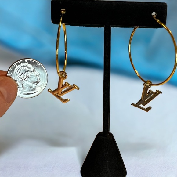 Upcycled Gold LV Louis Vuitton Stamped Charm Hoop Earrings - Picture 2 of 7